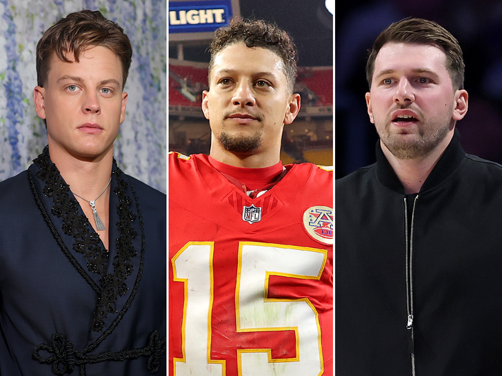 Composite showing Joe Burrow, Patrick Mahomes, and Luka Doncic