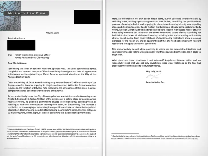 Screenshot of Spencer Pratt's election complaint letter alleging illegal campaigning near ballot drop boxes.