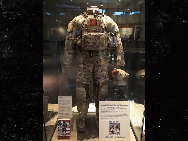 Combat gear display similar to equipment used by Navy SEALs during high-risk missions.