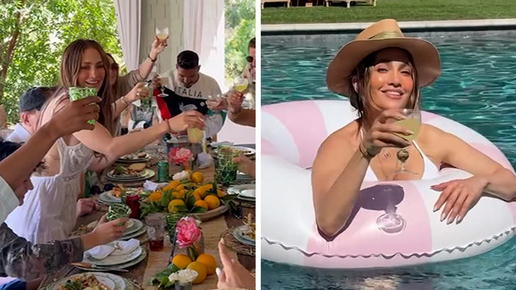 Jennifer Lopez transitioning from poolside to a breezy white dress during Memorial Day