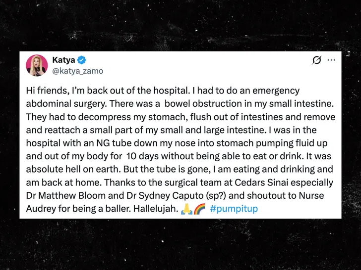 Screenshot of Katya's post on X about her emergency intestinal surgery and recovery