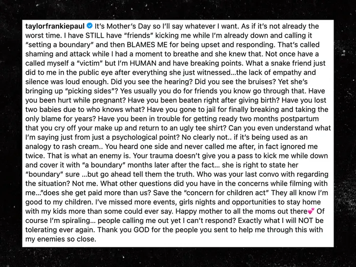 Screenshot of Taylor Frankie Paul's Mother's Day Instagram text post discussing betrayal and boundaries.
