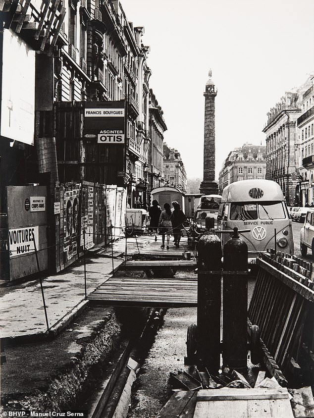 Paris streetworks with wooden walkways and construction barriers, early 1970s