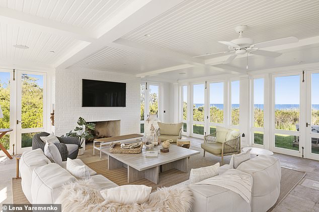 Renovated living room with ocean views at the former Calvin Klein estate