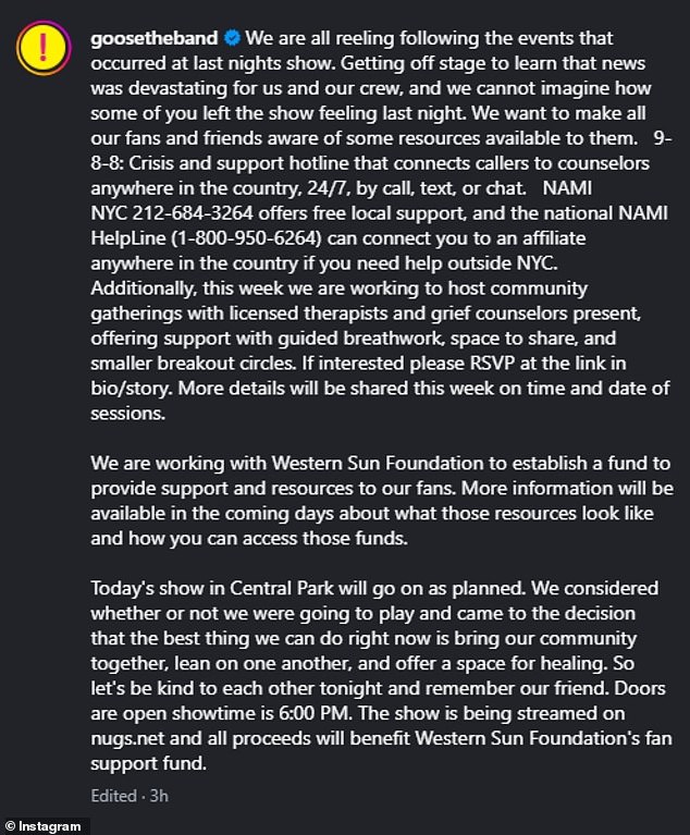 Screenshot of Goose's Instagram statement addressing the incident and sharing support resources.