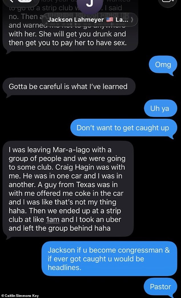 Screenshot of text exchange referencing a Mar-a-Lago party and a warning that he would be headlines if caught