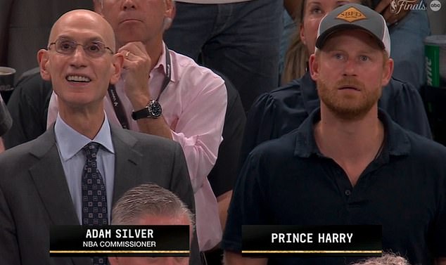 Prince Harry seated in the eighth row with NBA Commissioner Adam Silver during Game 5 in San Antonio.