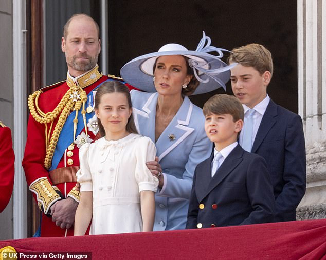 Catherine, Princess of Wales, speaks with Prince George and Princess Charlotte on the Buckingham Palace balcony during Trooping the Colour.