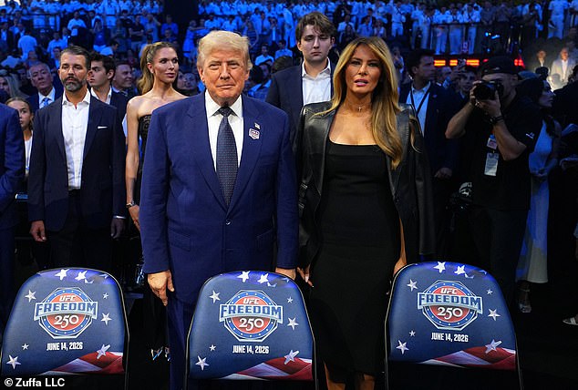 Barron Trump towers over President Donald Trump and First Lady Melania Trump during UFC Freedom 250 on the White House South Lawn.