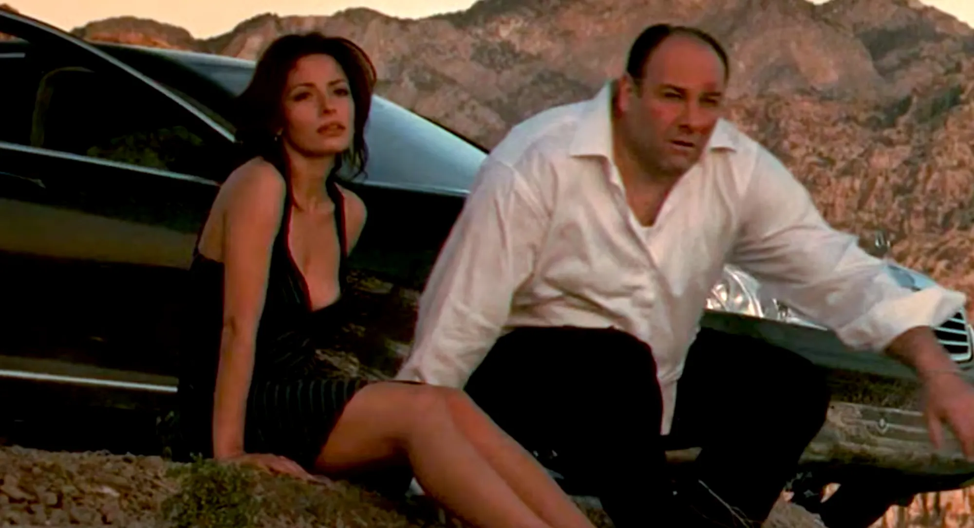 Sarah Shahi and James Gandolfini in a scene from The Sopranos.