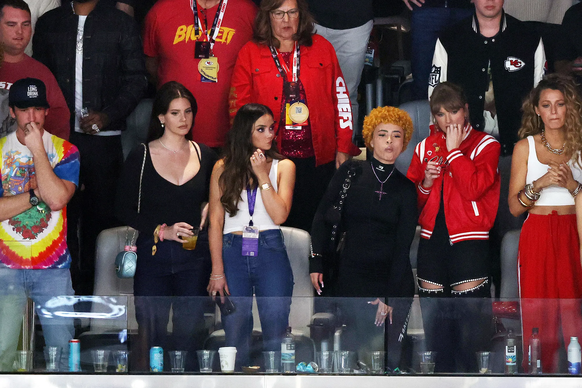 Taylor Swift with Miles Teller, Keleigh Sperry and friends watching Super Bowl LVIII from a suite.