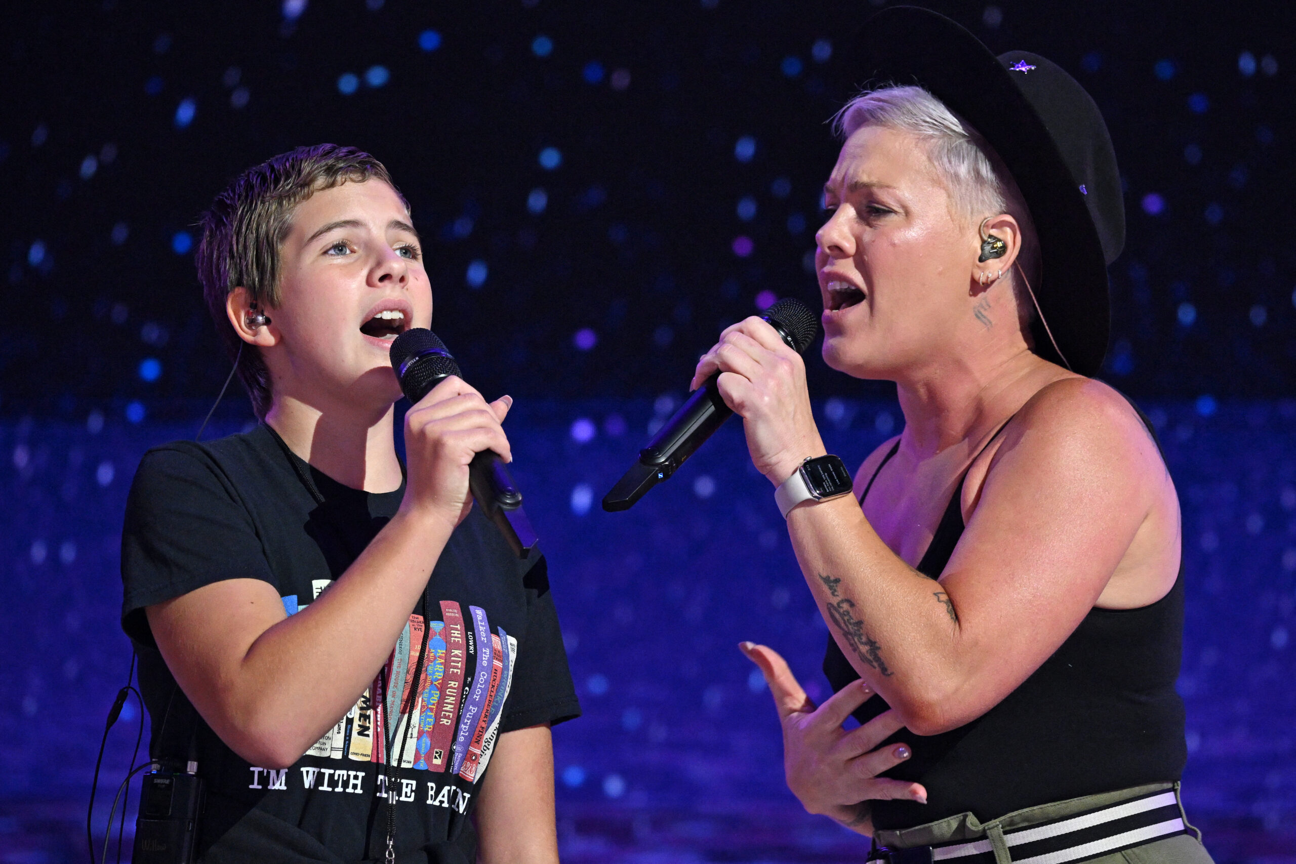 Pink and Willow perform a sound check at the Democratic National Convention.