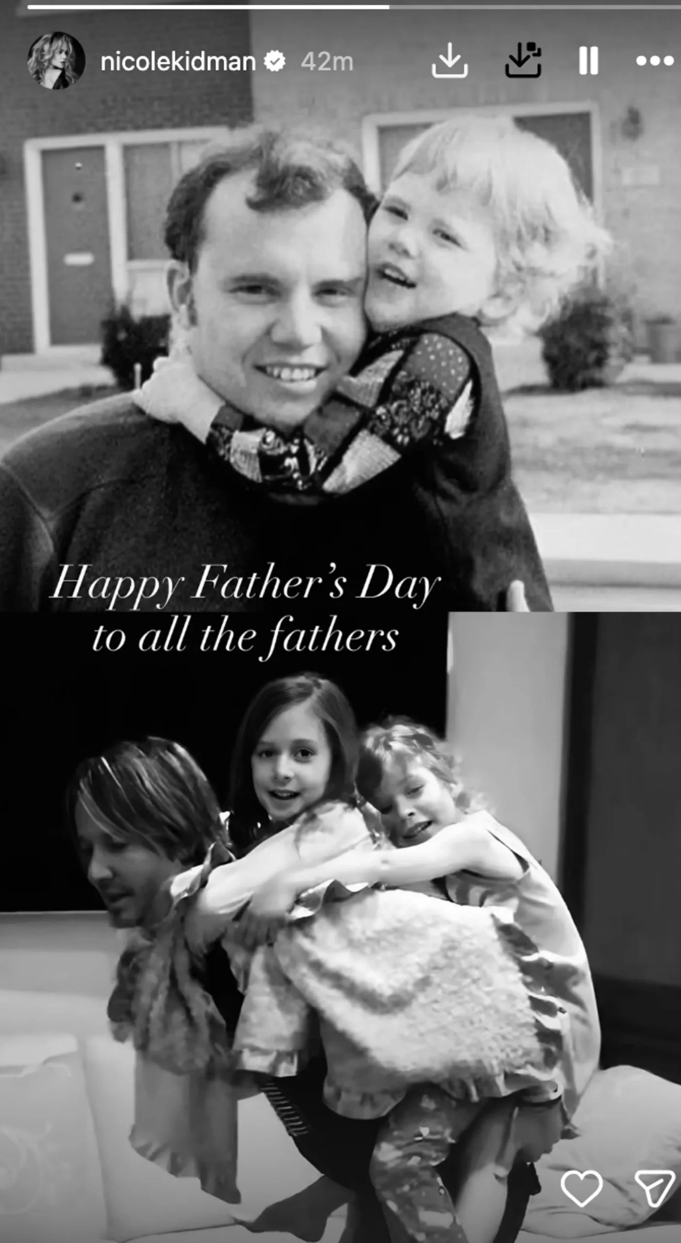 Black-and-white Instagram collage: a young Nicole Kidman with her father beside a throwback of Keith Urban carrying their two daughters; 'Happy Father's Day to all the fathers' overlaid.
