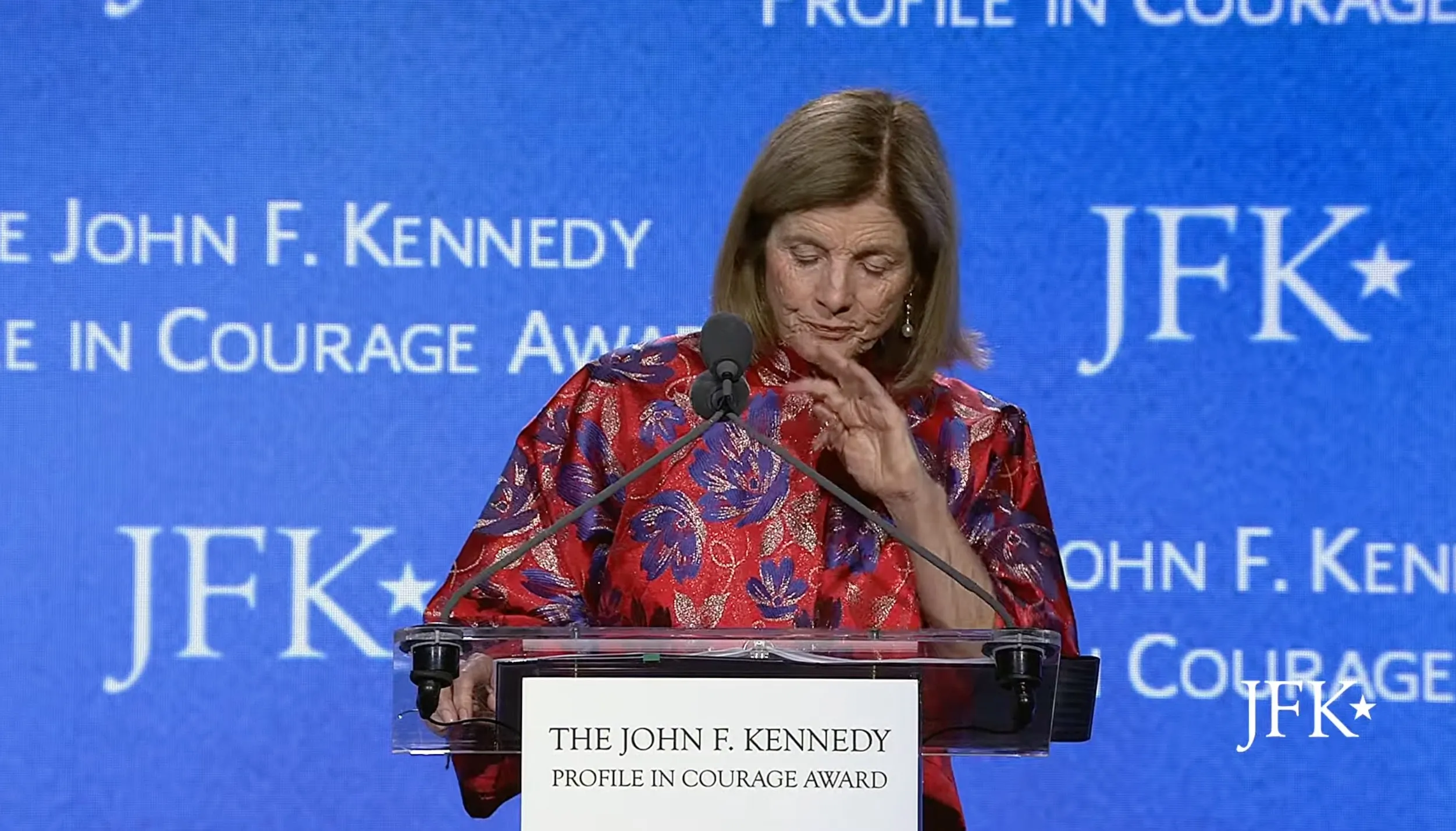 Caroline Kennedy becomes emotional while speaking at the JFK Profile in Courage Award ceremony.