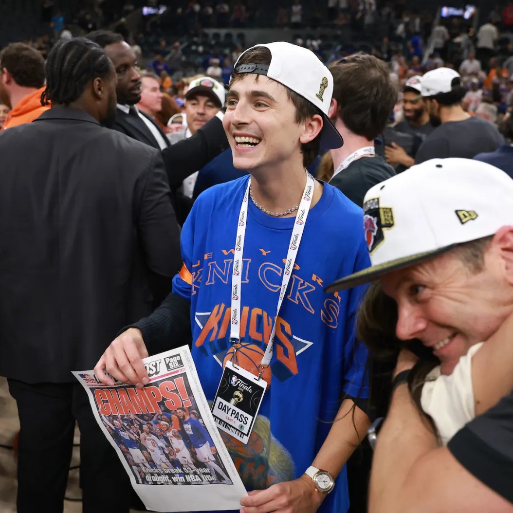 Timothee Chalamet celebrates after the New York Knicks' victory against the San Antonio Spurs in Game Five of the 2026 NBA Finals at Frost Bank Center on June 13, 2026 in San Antonio, Texas - Gregory Shamus/Getty Images