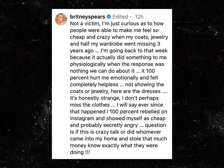 Screenshot of Britney Spears' Instagram caption about an alleged home robbery