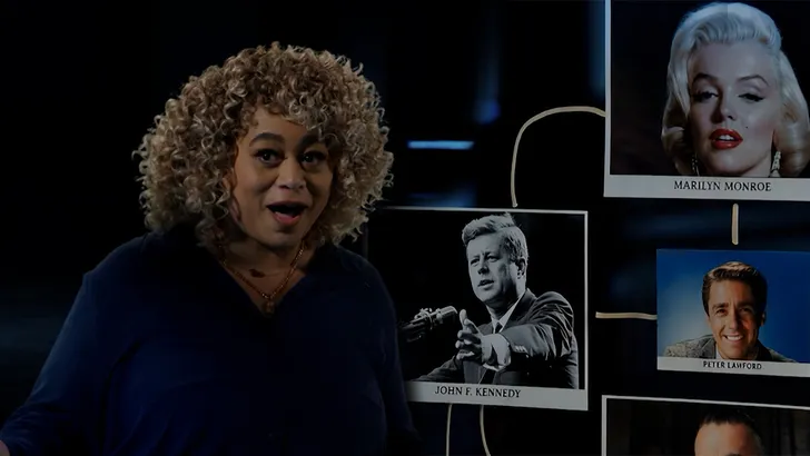 FOX special 'Celebrity Crime Scene: Marilyn Monroe' - presenter in studio next to a board of Marilyn Monroe photos