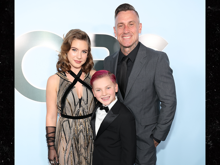 Carey Hart poses with Willow and Jameson on the Tony Awards red carpet