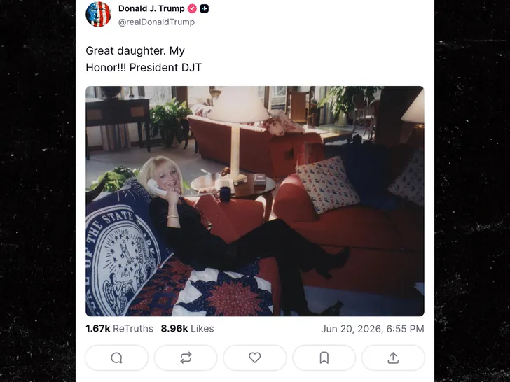 Screenshot of Trump's Truth Social post featuring Margo Catsimatidis beside him with the caption 'Great daughter' (TMZ)