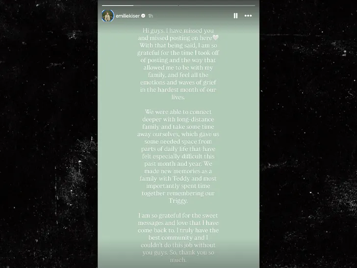 Screenshot of Emilie Kiser's Instagram story message about taking a break and thanking followers.