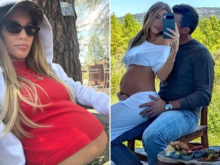 Side-by-side pregnancy photos shared by Alex Cooper, including a shot with her partner and her baby bump.